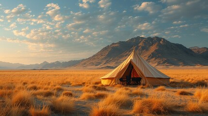  a tent set up in the middle of a field with a mountain in the background and clouds in the sky. - obrazy, fototapety, plakaty