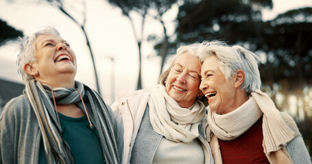 Comedy, laughing and senior woman friends outdoor in a park together for bonding during retirement. Portrait, smile and funny with a happy group of elderly people bonding in a garden for humor or fun - obrazy, fototapety, plakaty