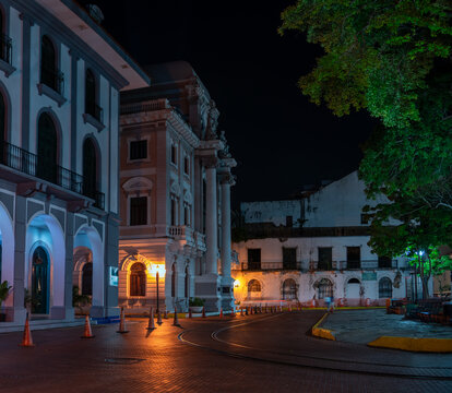 View of Panama City Square at night with cones in the streeets