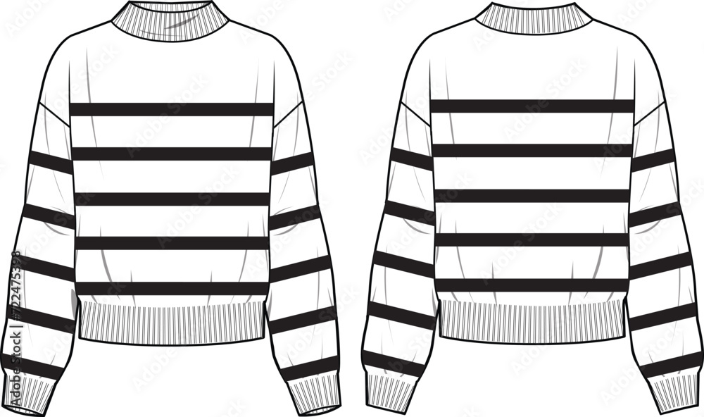 Wall mural women's high neck nautical striped jumper. technical fashion illustration. front and back, white col - Wall murals