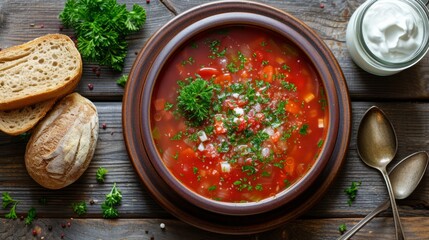 A plate of Ukrainian borscht soup stands on a wooden table