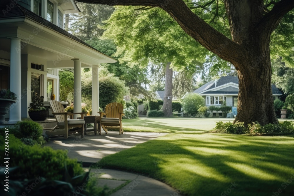 Poster a peaceful scene of a lawn with a table and chairs set up under a tree. perfect for outdoor dining a