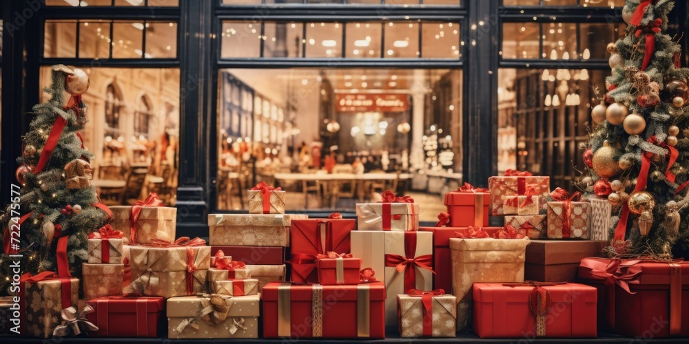 Poster A store window displaying an array of beautifully wrapped presents. Perfect for holiday promotions or gift-giving themed projects