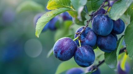  a bunch of plums hanging from a tree branch with green leaves and water droplets on the plums, with a blurry background of blue and green leaves.