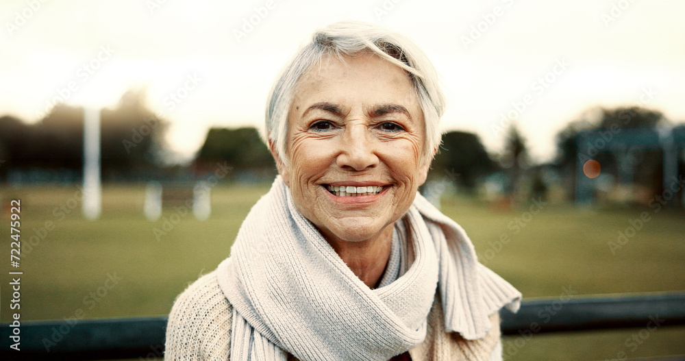 Poster Face, senior woman and smile on park bench on vacation, holiday or travel in winter. Portrait, happy and elderly person in nature, outdoor or garden for freedom to relax for retirement in Australia