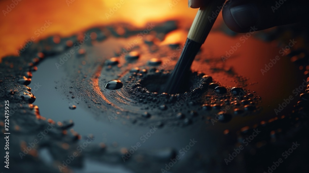 Poster close up of a person using a brush to paint a cake. ideal for baking and decorating projects