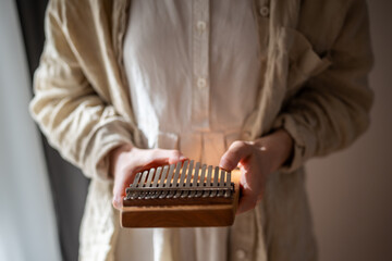 Close-up of ethnic kalimba in human female hands. Learning to play traditional acoustic african...