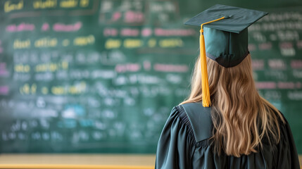 Graduate Student in Cap and Gown Facing Chalkboard