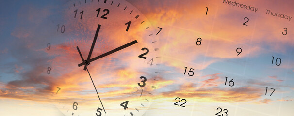 Clock and calendar in sky. Time passing
