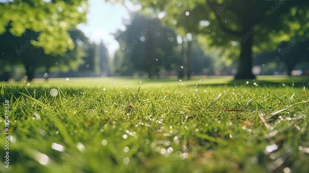 Poster A picture of a field of grass with trees in the background. Suitable for nature and landscape themes