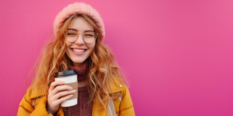 Cheerful Young Woman with Coffee on Pastl Pink Background with Copy Space, Lifestyle Portrait
