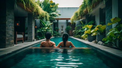 Couple in swimming pool luxury spa hotel, honeymoon for the newlyweds , generated AI - obrazy, fototapety, plakaty