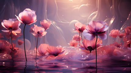 Ethereal Pink Poppies in Water Reflection - obrazy, fototapety, plakaty