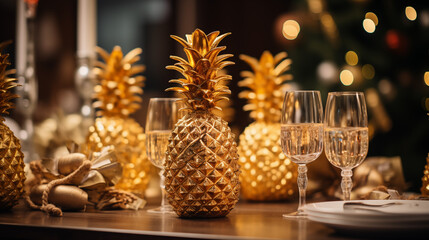 several golden pineapples and glasses of champagne, stand on plates on the table
