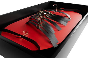 set of black matt finish Metal cloth hangers with golden top inside a black box with red base. isolated on a transparent background. 