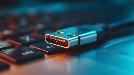 Close-Up of USB Cable and Laptop Keyboard with Blue Ambient Light