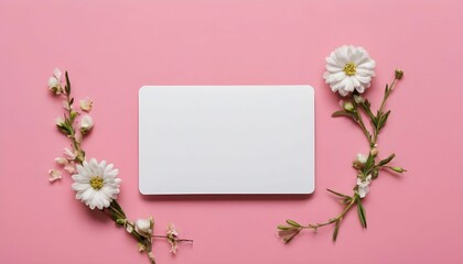 Flat lay of gift card on pink backdrop. Floral background. Spring summer concept background. Flat lay, top view created with generative ai