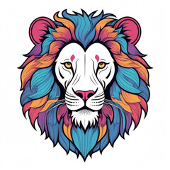 Obraz premium The head of a lion with big eyes and a multi-colored mane on a white background. Drawing for print on clothes, cover