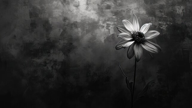 a black and white photo of a flower in front of a grungy wall with a black and white background.