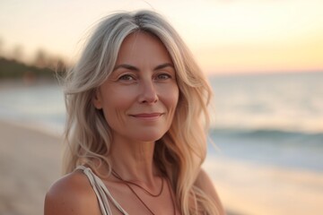 Smiling attractive beautiful caucasian senior mature woman posing at the beach looking at the camera	 - obrazy, fototapety, plakaty
