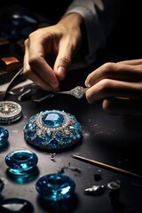 A man is working on a necklace, using his skills and tools. This image can be used to showcase craftsmanship and jewelry making