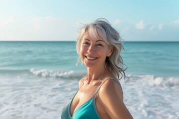 Smiling attractive beautiful caucasian senior mature woman posing at the beach looking at the camera	