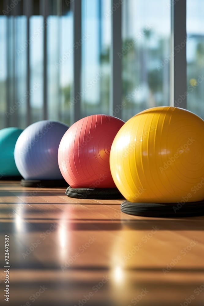 Poster a row of exercise balls lined up on the floor. perfect for fitness and workout concepts