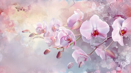  a painting of pink orchids on a pink, blue, and white background with a pink sky in the background.