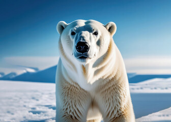 White polar bear, among the snow at the North Pole in the wild