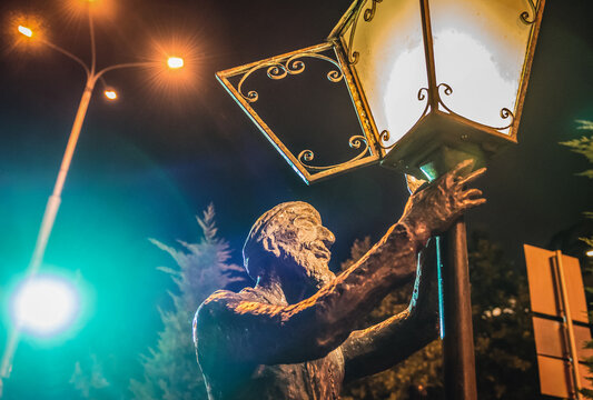 Tbilisi, Georgia - July 18, 2015: Sculpture of lamplighter at Baratashvili Street in Tbilisi