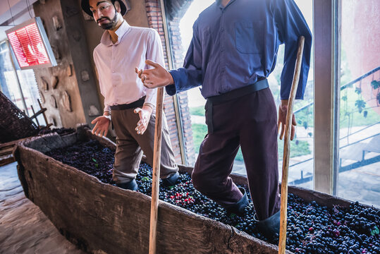 Napareuli, Georgia - July 19, 2015: Wine making scene in Museum of Qvevri and Qvevri Wine in Twins Wine House in Napareuli village