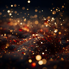 Bokeh sparkles, glowing particles of different sizes and shades on a dark background