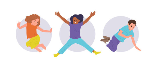 Isolated round icon composition with happy jumping children cartoon character enjoying fun time