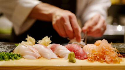 Obraz na płótnie Canvas Culinary Masterpiece: Exquisite Sashimi Preparation