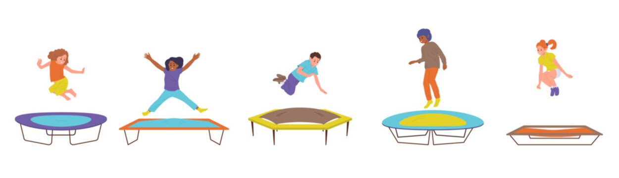 Energetic children cartoon character jumping trampoline having leisure fun doing acrobatic tricks