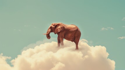  an elephant standing on top of a cloud in the sky with it's trunk in it's mouth.