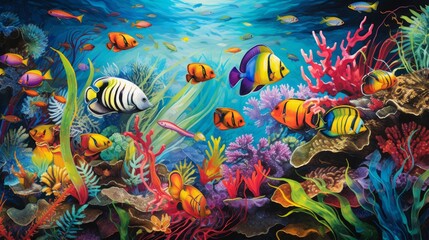 Naklejka na ściany i meble Animals of the underwater sea world. Ecosystem. Colorful tropical fish. Neural network AI generated art