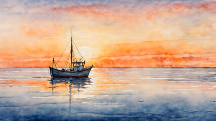 Fototapeta premium Minimalist watercolor painting of a fishing boat reflecting in a calm lake on a summer sunset. AI generated.