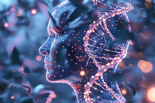 3d illustration of human brain with dna molecules abstract technology blue and purple background - Powered by Adobe