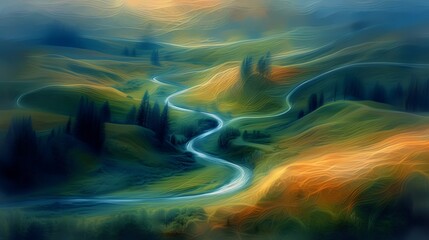 Surreal Landscape with Flowing River and Rolling Hills