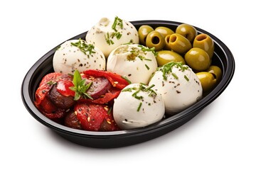 Italian Antipasti Set with Small Peppers Stuffed with Cream Cheese, Pickled Olives, Marinated Mushrooms,