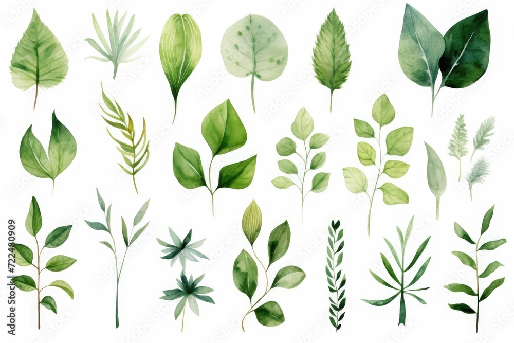 Poster a collection of fresh green leaves set against a clean white background. versatile and suitable for 