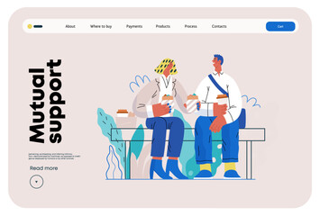 Mutual Support: Share food -modern flat vector concept illustration of woman offering half of her lunch to colleague in the park. A metaphor of voluntary, collaborative exchanges of resource, services