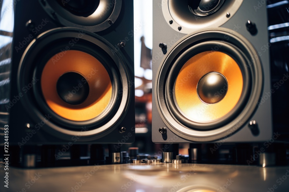 Poster speakers placed on a table, suitable for various audio and entertainment settings