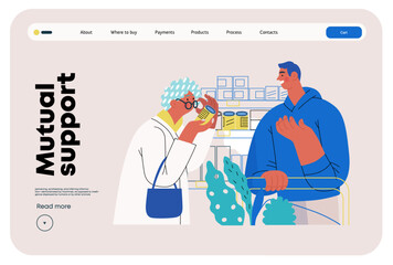 Mutual Support: Helping a visually impaired person -modern flat vector concept illustration of man offering to read label for woman in supermarket A metaphor of voluntary, collaborative exchanges