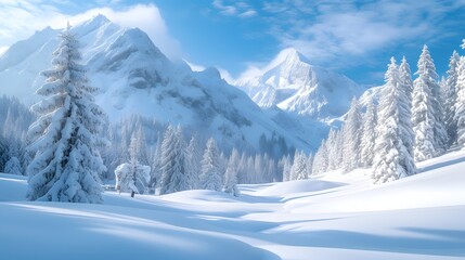 snow-covered landscape, with glistening white peaks and trees creating a winter wonderland that is both magical and serene