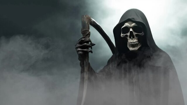 Creepy Grim Reeper Character in a Foggy Background with Space for Copy