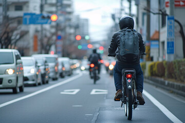 An oriental man rides a bicycle on a crowded city street, city commuting photo.