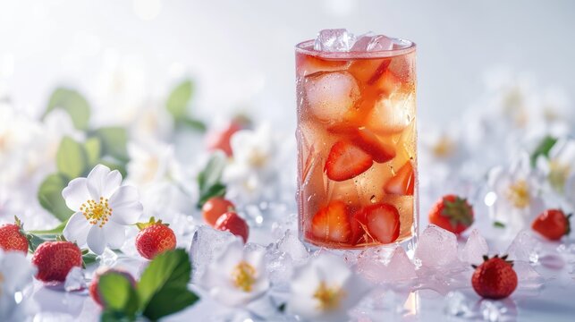  a glass filled with ice and strawberries sitting on top of a bed of white flowers and a bunch of green leaves.