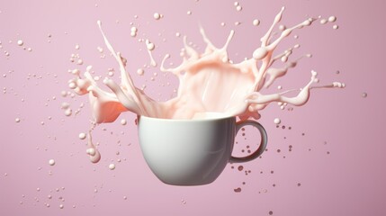  a white cup filled with milk and milk splashing out of it's side, on a pink background.